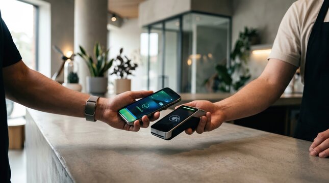 Customer using smartphone for contactless NFC payment at cafe counter, modern digital wallet technology and secure mobile banking transaction concept in retail environment