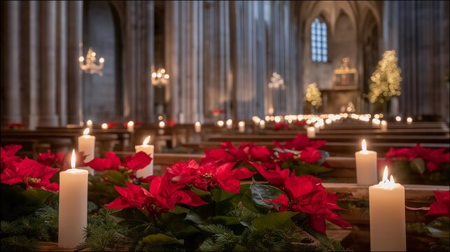 Rows of glowing candles illuminating upturned faces in a darkened nave on a winter evening, breath visible in cold air, red poinsettias lining stone pillars throughout, perfect for Christmas eve
