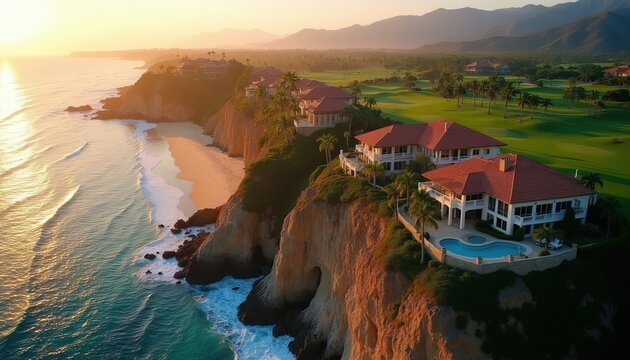 Luxury villas with pools perch on dramatic seaside cliffs overlooking ocean waves and sandy beach. Golf course greens surround estates in golden sunset light. Tropical paradise.