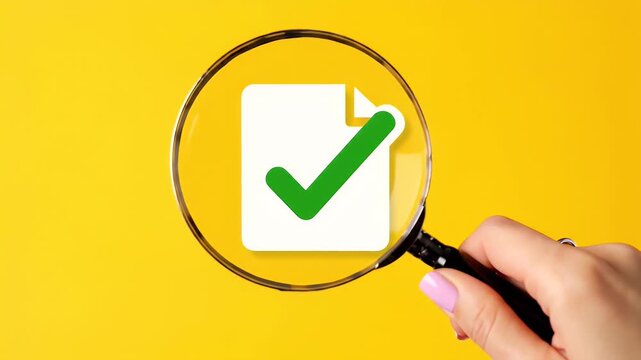 Close Up of Magnifying Glass Examining White Paper with Green Check Mark on Bright Yellow Background with Woman Hand Inspecting Document Compliance