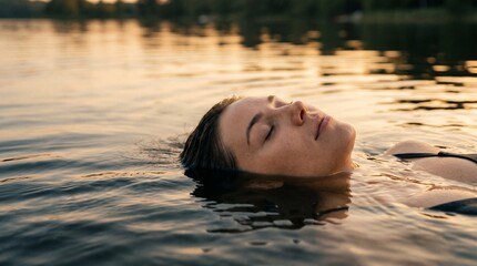 Fototapeta premium Peaceful face floating on water with soft ripples, symbolizing calm and relaxation.