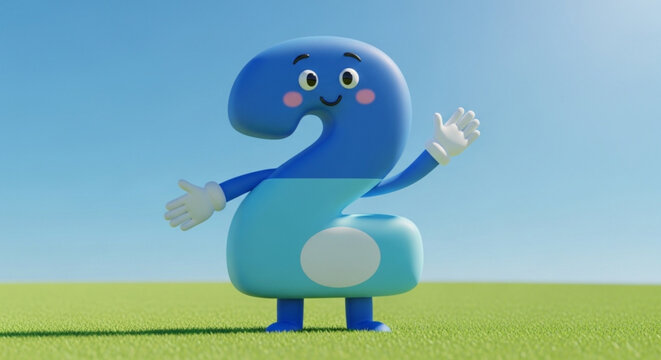 Cute blue number 2 character waving hello funny cartoon math symbol for kids education isolated on sky background