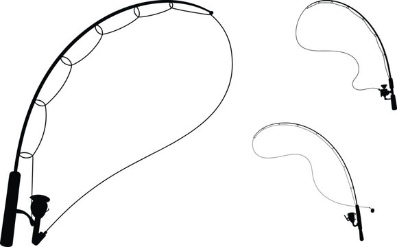 Fishing rod line art set, flexible pole and reel silhouettes, angling equipment outline collection for outdoor sport design &ndash; vector illustration