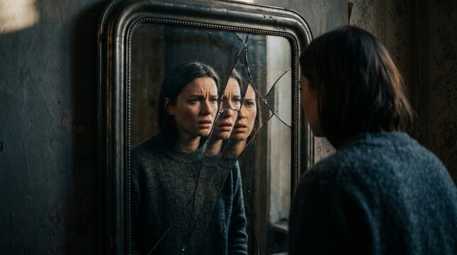 Person looking at a distorted mirror, representing identity confusion and inner emotions.