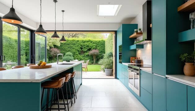 Modern teal kitchen extension opens to garden. Island with stools and breakfast bar connects to outdoor patio seating. Sleek cabinets and appliances blend style and function.