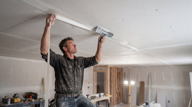 Skilled hands gracefully blend ceiling panels, a dedicated craftsman meticulously prepares surfaces for a refined interior finish
