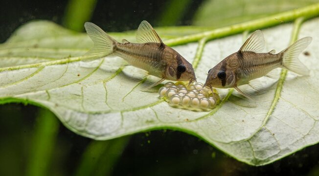 Pair of Corydoras Catfish Breeding and Tending to Eggs on a Green Leaf Underwater