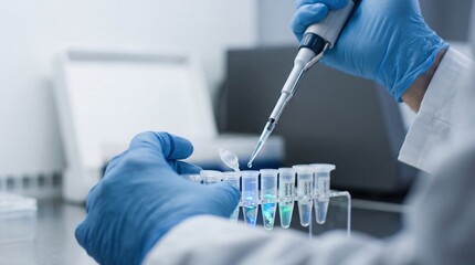 Fototapeta premium Close up of researcher hands using pipette to transfer liquid into test tubes, genetic engineering or DNA analysis process in sterile biotechnology laboratory environment for