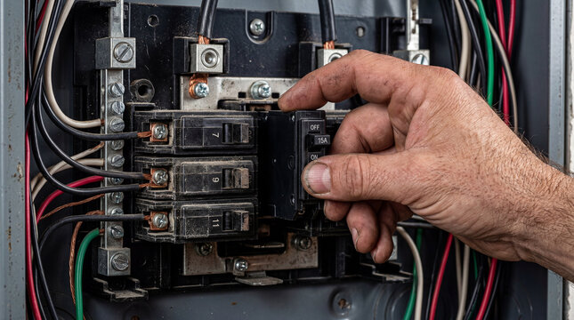 Skilled hand deftly controlling electrical flow within a household circuit panel, ensuring power integrity with a firm click