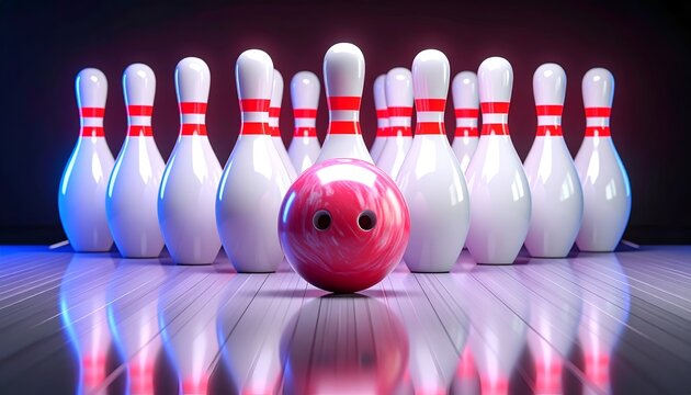 Bowling pins and a pink marble bowling ball on a glossy wooden lane with dramatic lighting