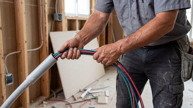 Skilled craftsman meticulously guides a vibrant array of electrical wires through a sturdy conduit during a busy home construction project