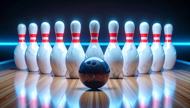 Bowling alley with illuminated pins and a black ball on polished wooden lane 3D render