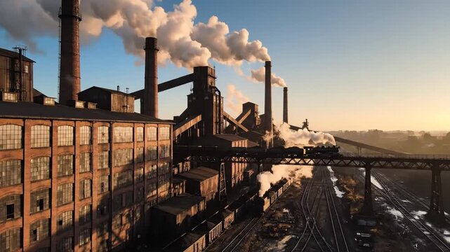 Industrial factory with smoking chimneys and freight train at sunset