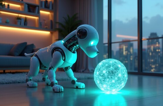 Robotic dog interacts with glowing digital sphere in modern apartment interior. Futuristic AI pet plays with light orb next to window with city view. Advanced tech concept illustration.