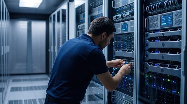 IT technician connecting ethernet cable to server rack in data center, network infrastructure maintenance, cloud computing hardware, blue LED lights indicating active systems,