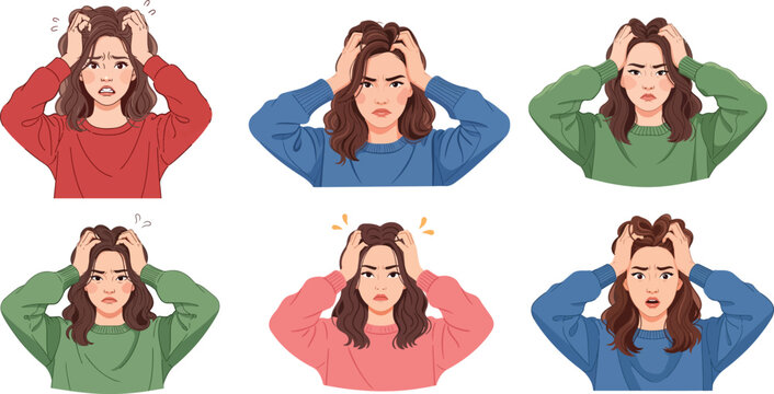 Stressed Woman Character Concept, Exhausted Girl in Pink Sweater Thinking Hard Vector Art, Set of Flat Illustrations of a Young Woman Feeling Overwhelmed and Frustrated