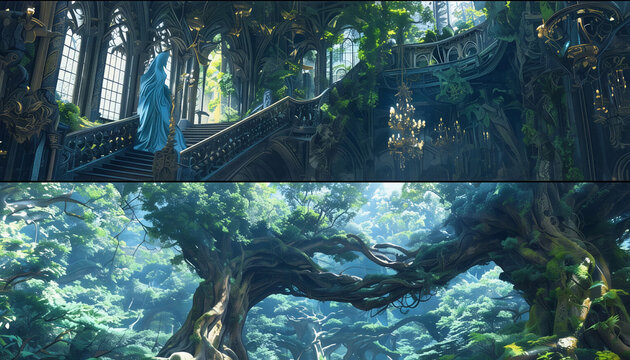 Immagine fantasy di un interno gotico che si contrappone ad un paesaggio da foresta incantata, Fantasy image of a Gothic interior contrasting with an enchanted forest landscape