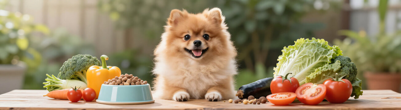 happy pomeranian surrounded colorful array pet food fresh vegetables wooden table amidst lush garden