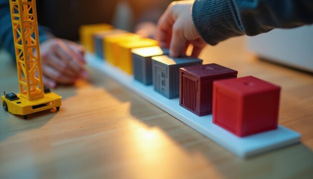 Hands arrange modular blocks with toy crane for building project. Business planning, construction simulation, or educational game. Teamwork, strategy, development.