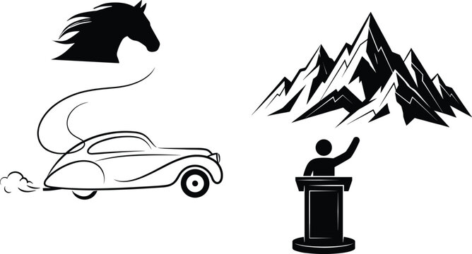 Abstract symbolic illustration featuring horse head, vintage car, mountain peaks and speaker podium, conceptual design, modern minimalist black silhouette composition