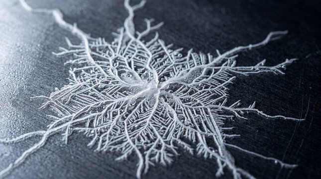 Winter's delicate artistry unfurls, a glistening tapestry of crystalline frost embracing a dark surface on a frigid morning