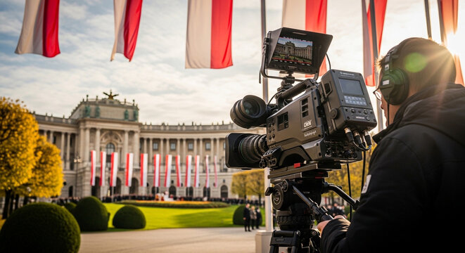 Camera operator filming outside government building, news crew capturing footage, official event coverage