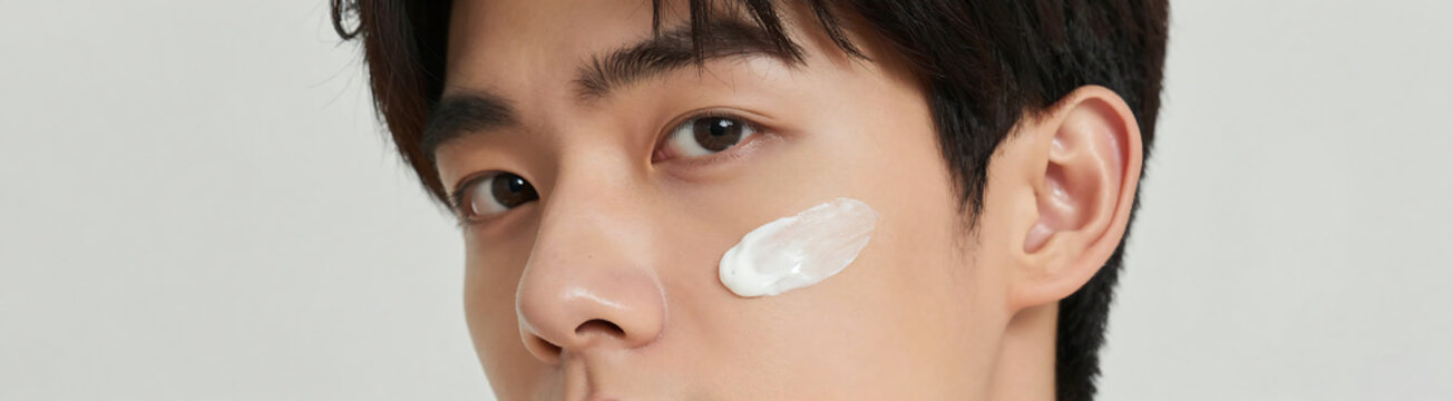 young asian male gentle features facial cream applied one cheek set minimalist background soft natural