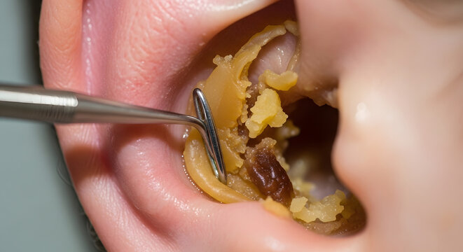 Ear Wax Removal Procedure Close-Up &ndash; Cleaning Impacted Cerumen from Ear Canal