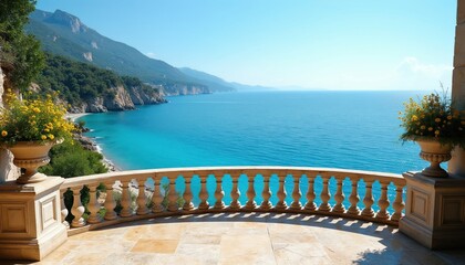 Obraz premium Balcony view of turquoise sea and rocky coast. Classical stone balustrade with potted flowers frames ocean vista. Bright sunny day over calm water and distant mountains.