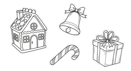 Christmas Icons Doodle Set: Gingerbread House, Candy Cane, Gift Box, Bell © supri