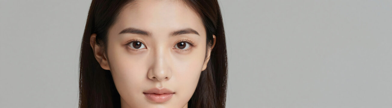 photograph stunning young woman radiant complexion flawless skin set subtle grey backdrop soft natural