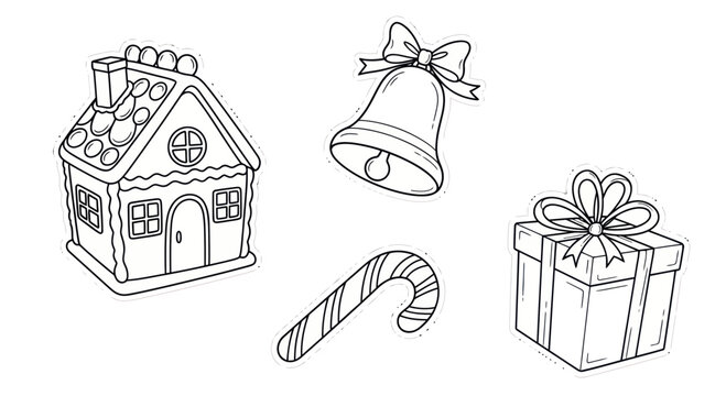 Christmas Icons Doodle Set: Gingerbread House, Candy Cane, Gift Box, Bell