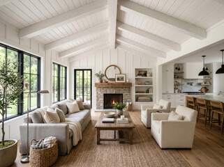 Naklejka premium A white modern farmhouse living room with shiplap walls and beams on the high ceilings and cozy furniture sits around a white fireplace.