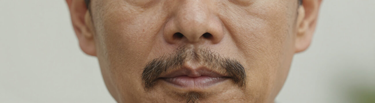 portrait mature korean man showcases rugged mustache prominent facial creases detailed skin texture warm