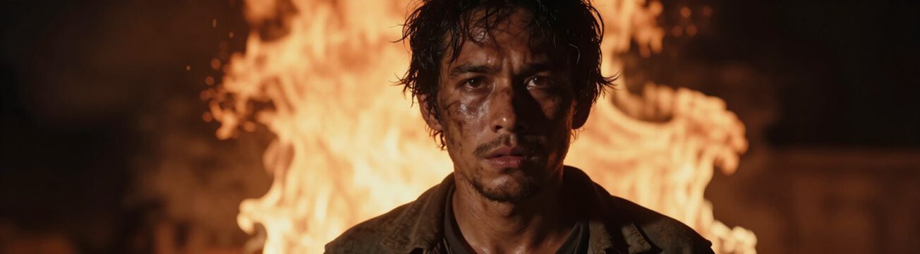 portrait individual stands amidst blazing inferno flames engulfing figure behind dramatic