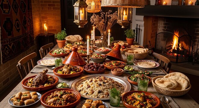 Traditional middle eastern feast table set in warm cozy room with fireplace lanterns and variety of moroccan tagines couscous flatbread dates and sweet baklava.