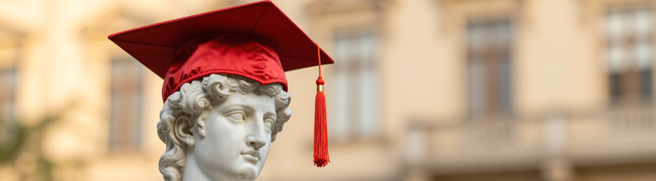 shot classical statue apollo adorned bright red graduation cap warm golden bokeh background