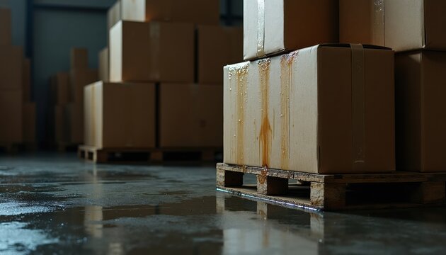 Wet cardboard boxes sit on wooden pallets in a dark warehouse. Water stains streak down the sides of the containers. The floor reflects the dim lighting of the storage facility.