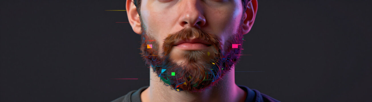 shot digital art portrait bearded man vibrant colors distorted patterns set dark