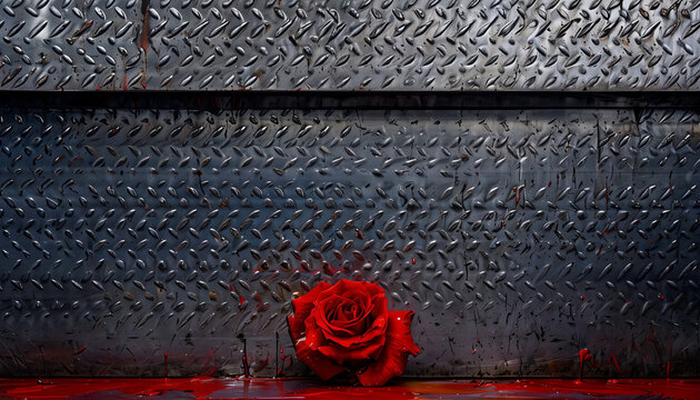 una rosa rossa ferita a sangue gettata a terra su di un pavimento di metallo, a bloodied red rose thrown on the ground on a metal floor