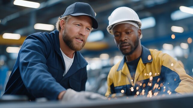 Civilian mentor and veteran apprentice work side by side at a steel fabrication bench, sparks flying in the industrial light, perfect for military to civilian transition, skilled trades, and