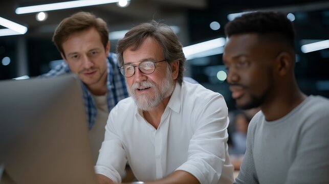 Veteran coding instructor leans over a younger student's monitor in a bright tech workspace, both focused on the screen, candid and collaborative, perfect for military to civilian transition, tech