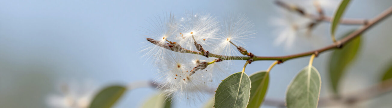 shot poplar branch soft focus blue sky surrounded fluffy white bundle seeds leaves natural outdoor