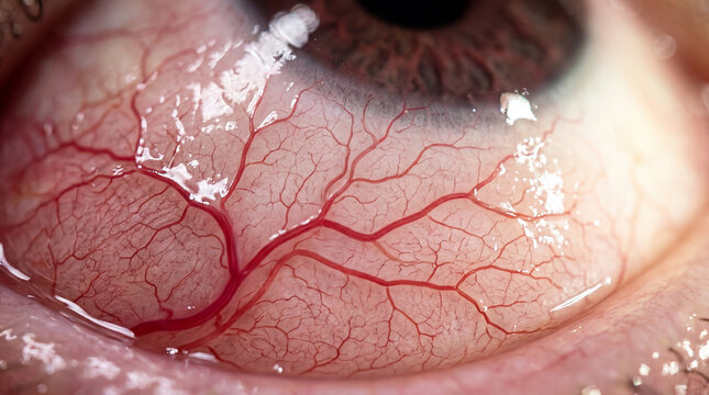 Deep macro exploration of a human eye's surface unveiling a vibrant and detailed network of active red blood vessels