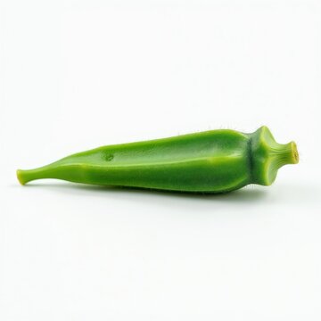 Single green okra pod lies on a clean white background surface. The fresh vegetable is raw and uncooked. Healthy food ingredient for cooking.