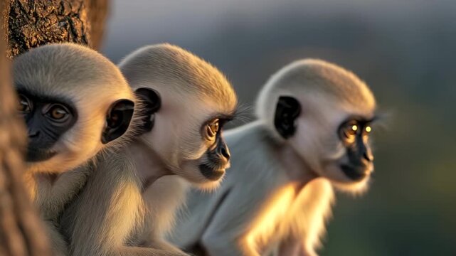 three langur monkeys in ishikesh forest india at sunset video