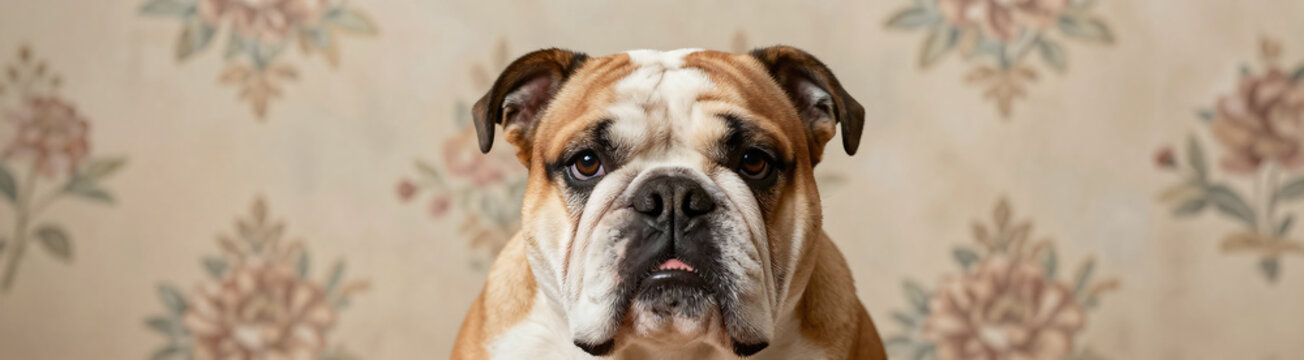 shot english bulldog face centered warm backdrop distressed vintage floral wallpaper muted