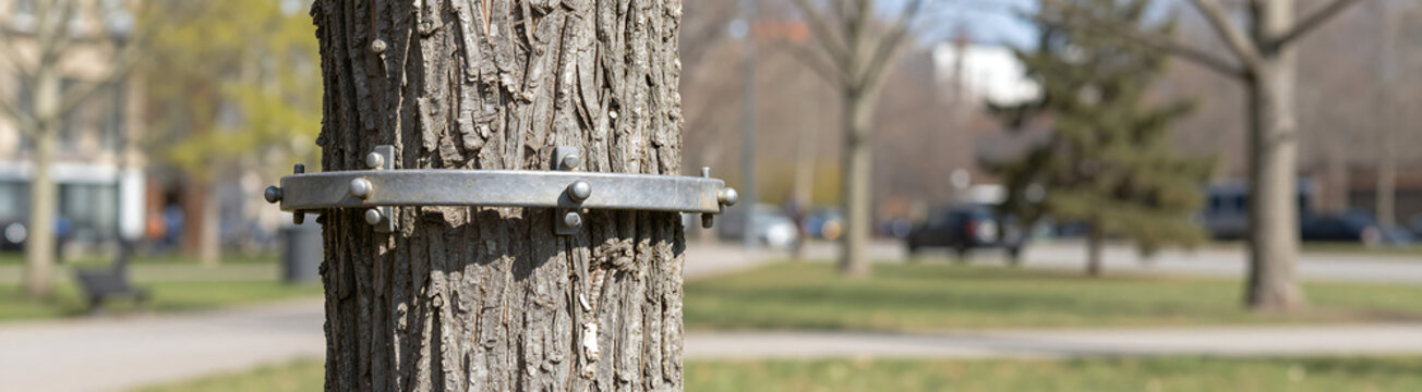 view tree trunk secured robust metal support urban park setting bright sunny day early