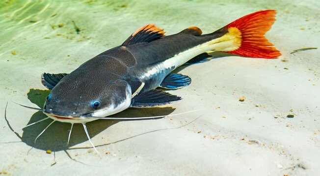 Redtail catfish Phractocephalus hemioliopterus swimming in clear shallow water over sandy riverbed