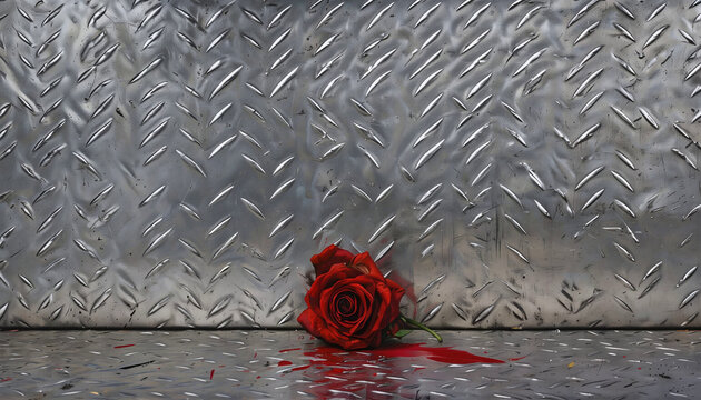 una rosa rossa ferita a sangue gettata a terra su di un pavimento di metallo, a bloodied red rose thrown on the ground on a metal floor